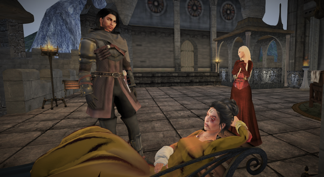 Besorgt blickte Ser Robin auf Lady Dannya, die sich trotz ihrer schweren Verletzungen goldenen Kopfputz angelegt hatte.